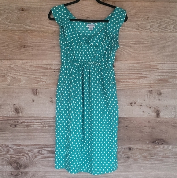 Motherhood Green Dress with White Polka Dots and Ruffle Neckline Size Small - Picture 1 of 9